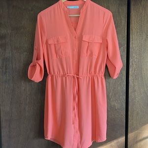 Maurices Coral/Peach Small button up dress - cinches at waist - like new